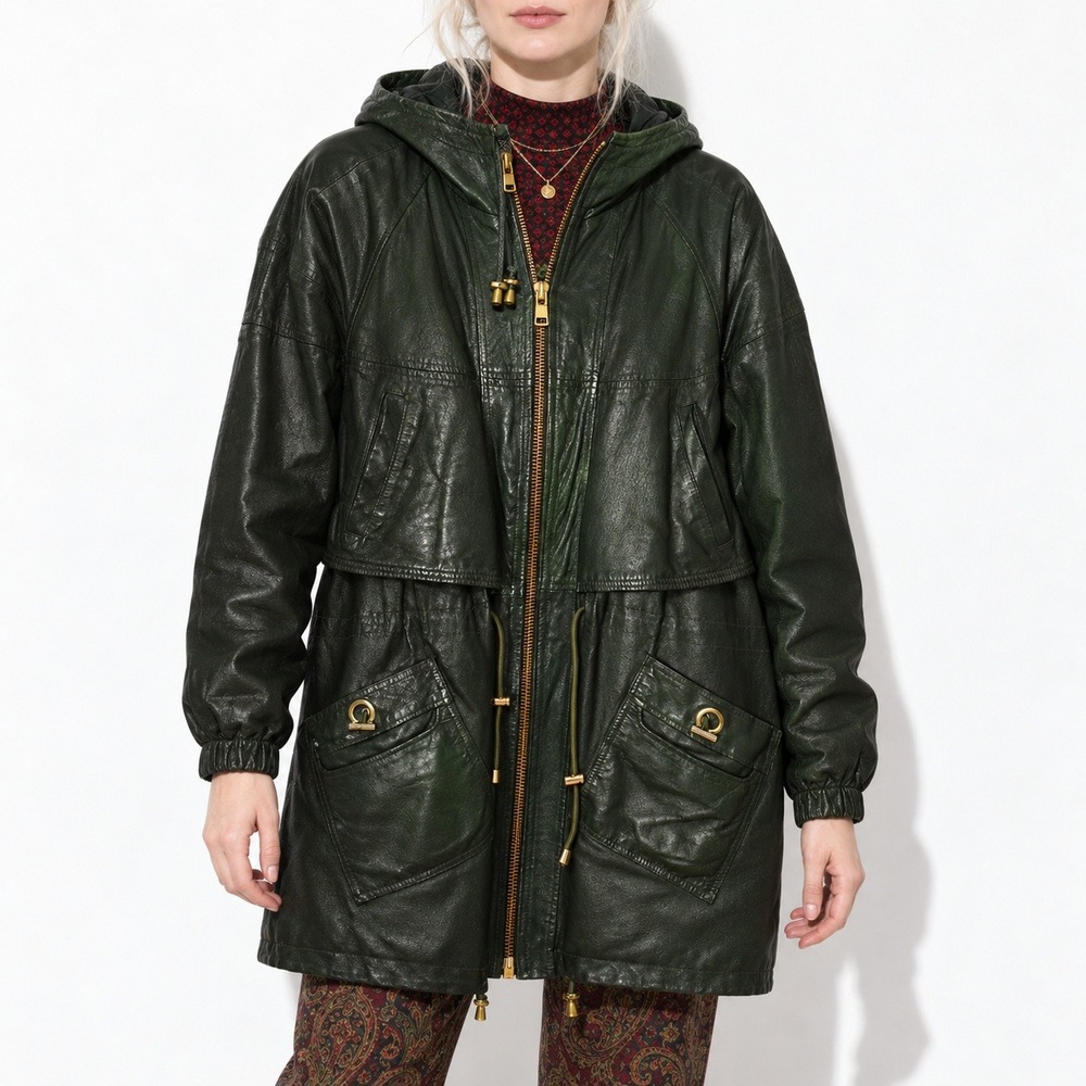 G III Leather Parka Womens M Forest Green Hooded Utility Vintage 90s Zip Front